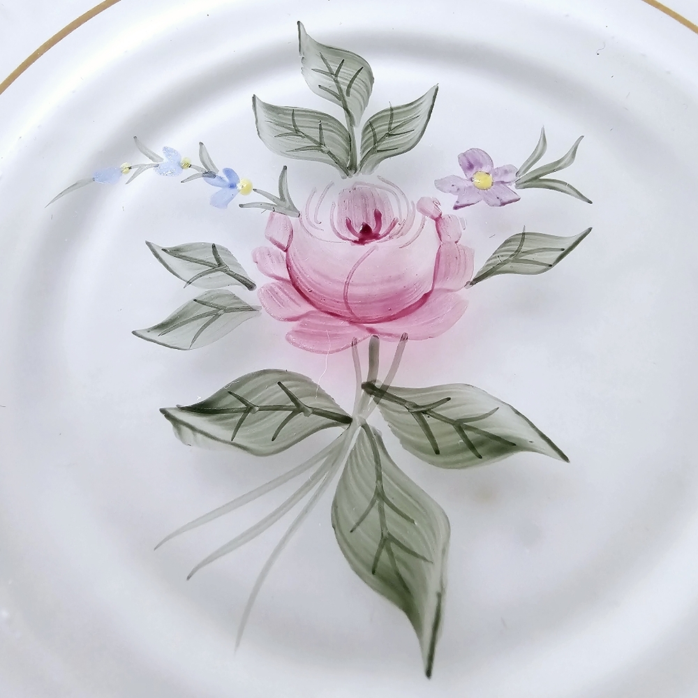 Handpainted Frosted Satin Glass Plate Rose Trinket Vanity Scalloped Cut Out - Picture 2 of 5